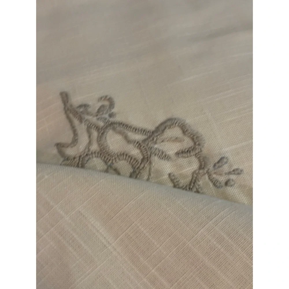 Vintage Cream Linen Napkin Taupe Floral Embroidery Neutral Table Decor Elegant